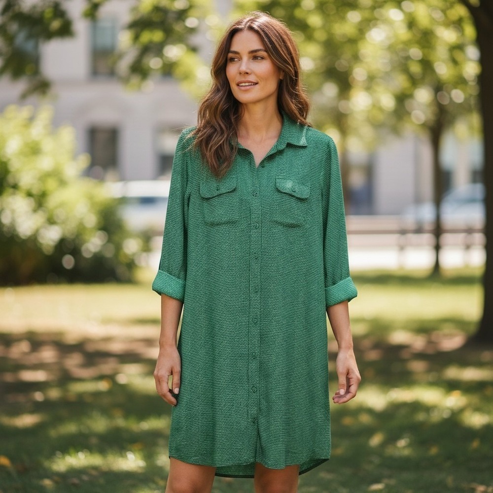 Cabi Green White Dotted Button Front Shirt Dress Style 429 Pocketed Mini S